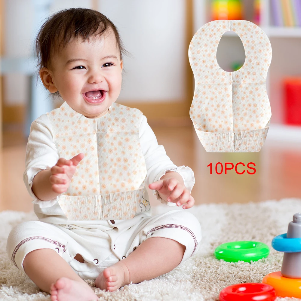 10pcs Cartoon Pattern Thick Waterproof Disposable Baby Bibs with Food Catcher Pocket 1-6 Years Old for Feeding Traveling Care |