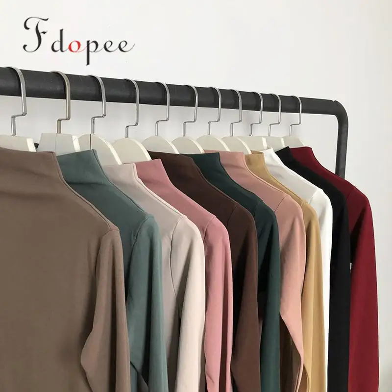 

2019 Autumn Tshirt Women Brief Leisure Pure Colour Long Sleeve Slimming Half High Collar Comfort Outwear Bottom Inside Pullover