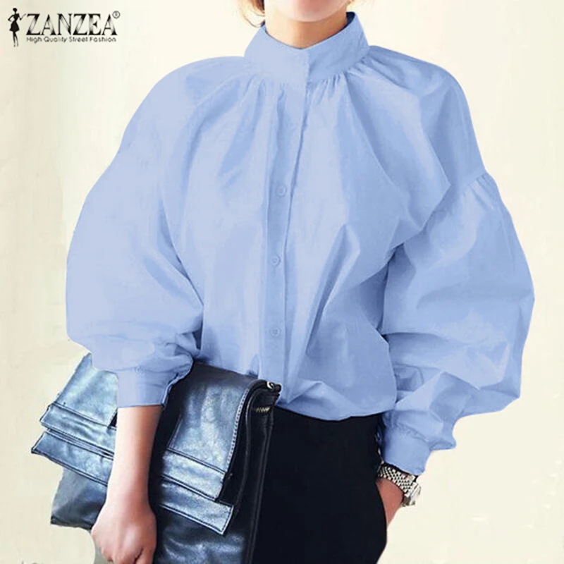

Top Fashion ZANZEA Spring Solid Blouse Women Casual Work OL Button Down Shirts Elegant Long Puff Sleeve Tunic Tops Blusas Robe