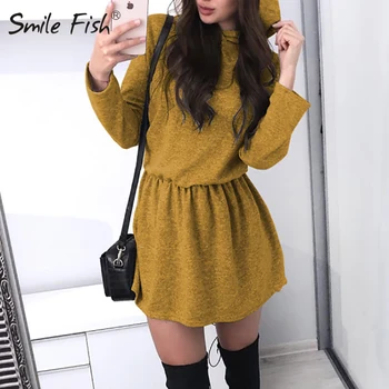 

Hooded Loose A Line Party Mini Dress Casual Women Fall 2020 Spring Stretchy Waist Cute Hoodie Dresses Pure Girls Dresses G1160