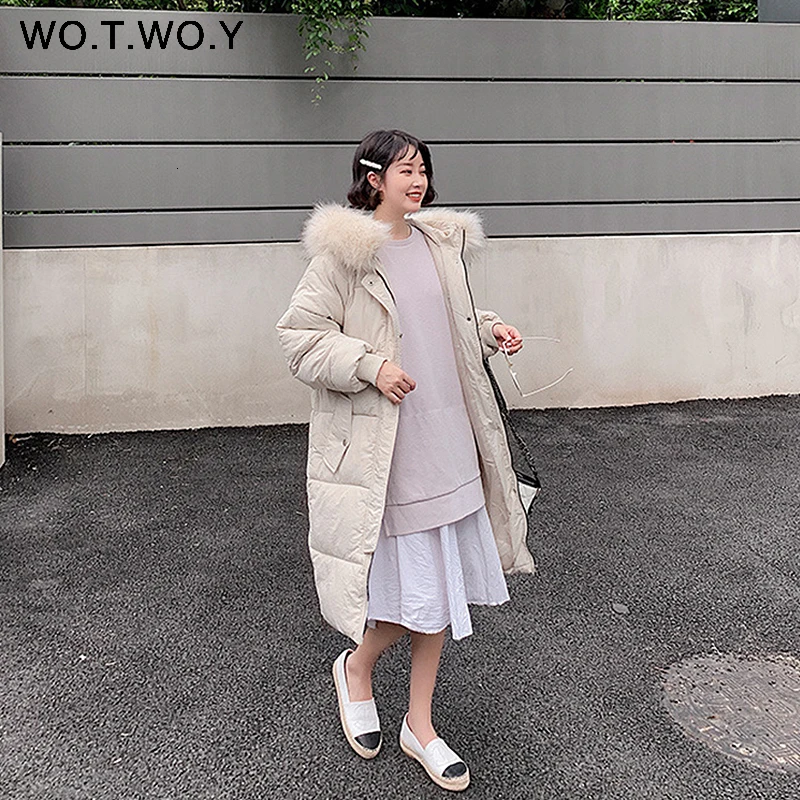 WOTWOY Fashion Winter Jacket Women Fur Neck Zipper Buttons Hooded Knee-Length Female Parkas Pockets Ribs Women's Outwear