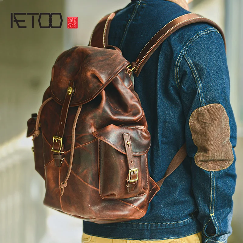 Мужской кожаный рюкзак AETOO ранец на плечо из воловьей кожи растительного