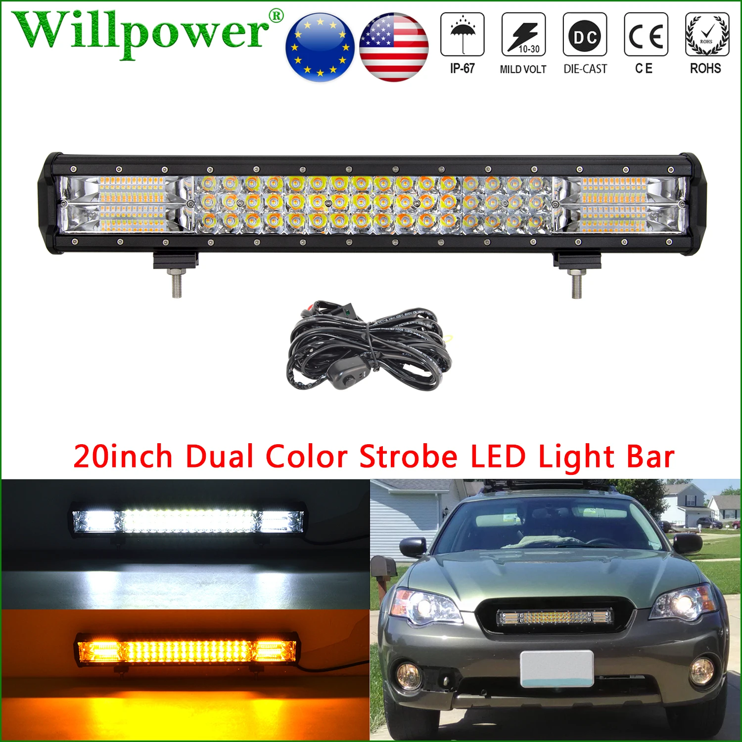 

Auto Front Bumper 288W 20" Strobe Dual Color LED Light Bar SUV 4X4 Truck Off-road White Amber Light Flash LED Bar Warning Lamp