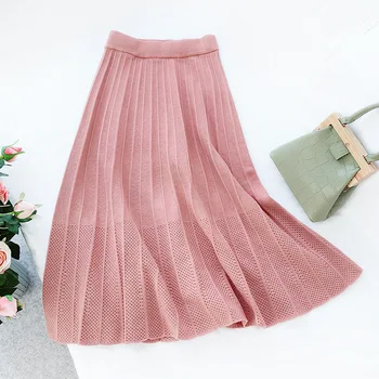 

2020 Autumn & Winter New Arrival Knitted Hollow Pleated Skirt Maxi A-line Skirt Solid Color Umbrella Skirt Free Shipping