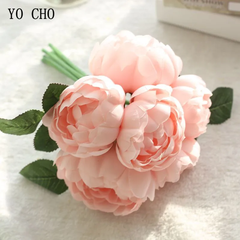 Light-pink Йо Чо Белые Розовые розы Искусственные цветы букет 6 голов поддельные розы Шелковый цветок для свадьбы центральный украшение дома цветок - Цвет: Light-pink
