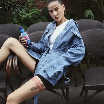 

2019 New Fashion Women Clothes Washed Denim Backless Single Breasted Waist Belts Autumn Jacket R142