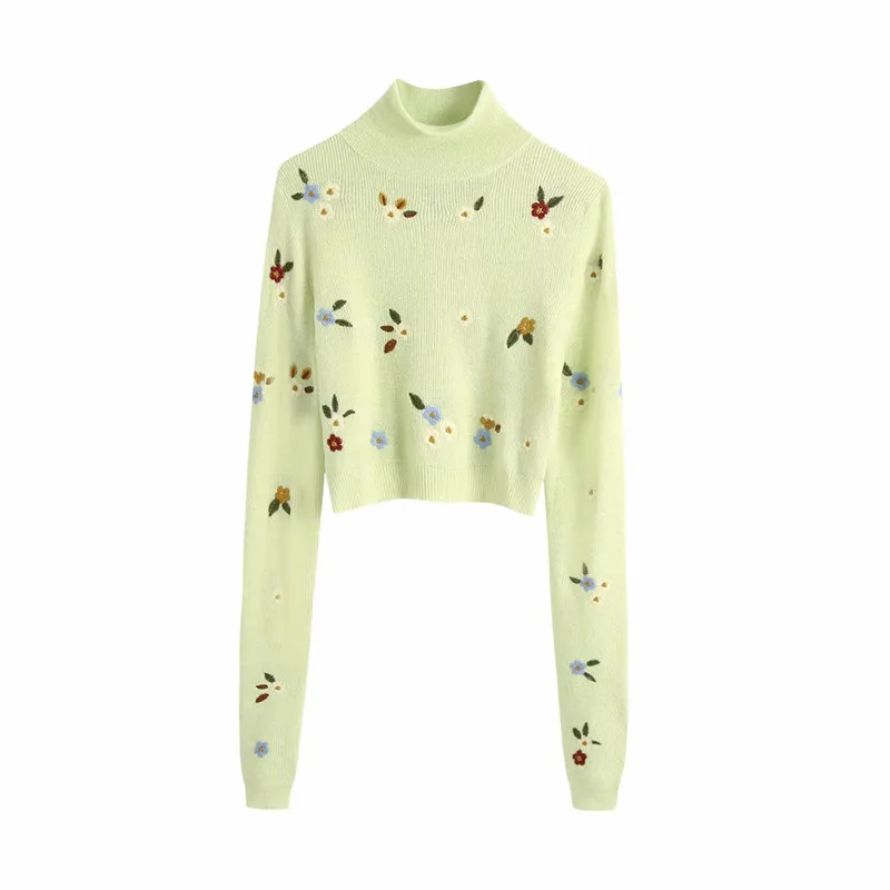 Evfer Women Autumn Apple Green Cute Knitted Za Sweaters Ladies Sweet Flower Embroidery Long Sleeve Turtleneck Pullover Sweater | Женская