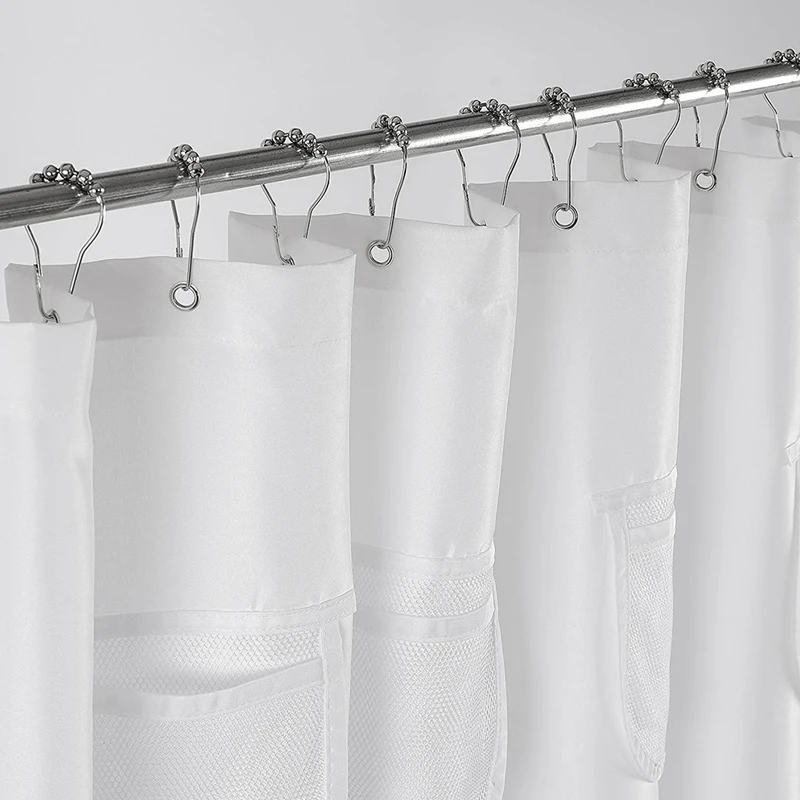 Water-Repellent Fabric Shower Curtain or Liner with 9 Handy Mesh Pockets White, Odorless, Washable and Rust Proof Grommets