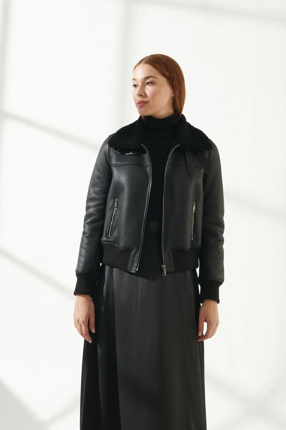 

Women's Sports Black Leather Jacket with Fur black Winter Genuine Sheepskin Wool Coats Biker Jacket Models Slim Fit Parka