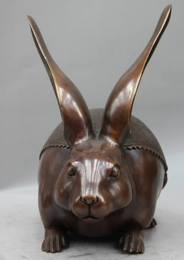 voge gem S1319 China Red Copper Bronze Animal Flower Hare Coney Rabbit Zodiac Statue Sculpture D0318