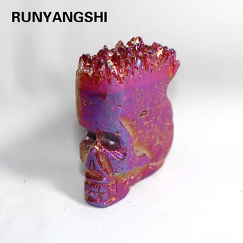 

Natural White Crystal Cluster clear quartz Electroplated wine red Crystal Crafts Hand-carved Skull Head Ornaments