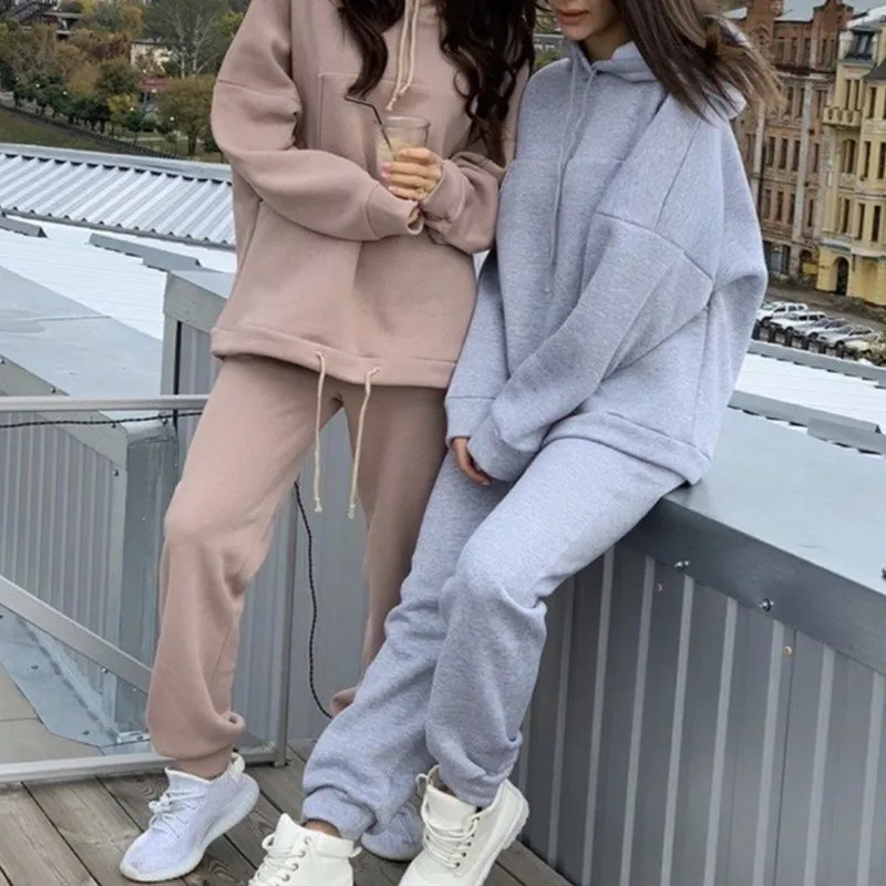 

Autumn Solid Casual Tracksuit Women Sports 2 Pieces Set 2020 Casual hooded Sweatshirts and pants Outfits oversized hoodies suit