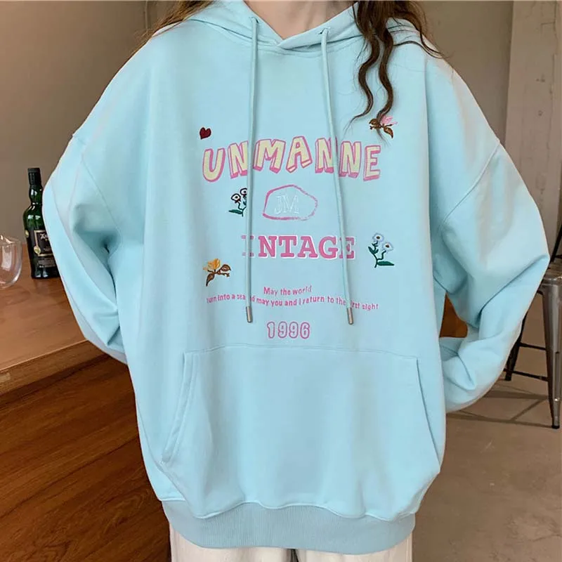 

Casual Pullover Hoodie Women Letter Flowers Print Hooded Velvet Thicken Sweatshirt Female Toppies Oversized Blue Pink Clothes