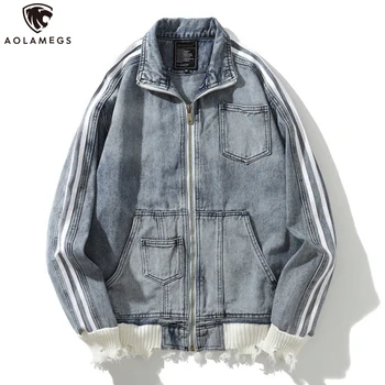 

Aolamegs Men's Denim Jacket Multi-Pocket Cowboy Jacket Men Retro Side Stripe Coat High Street Casual Style Streetwear Autumn