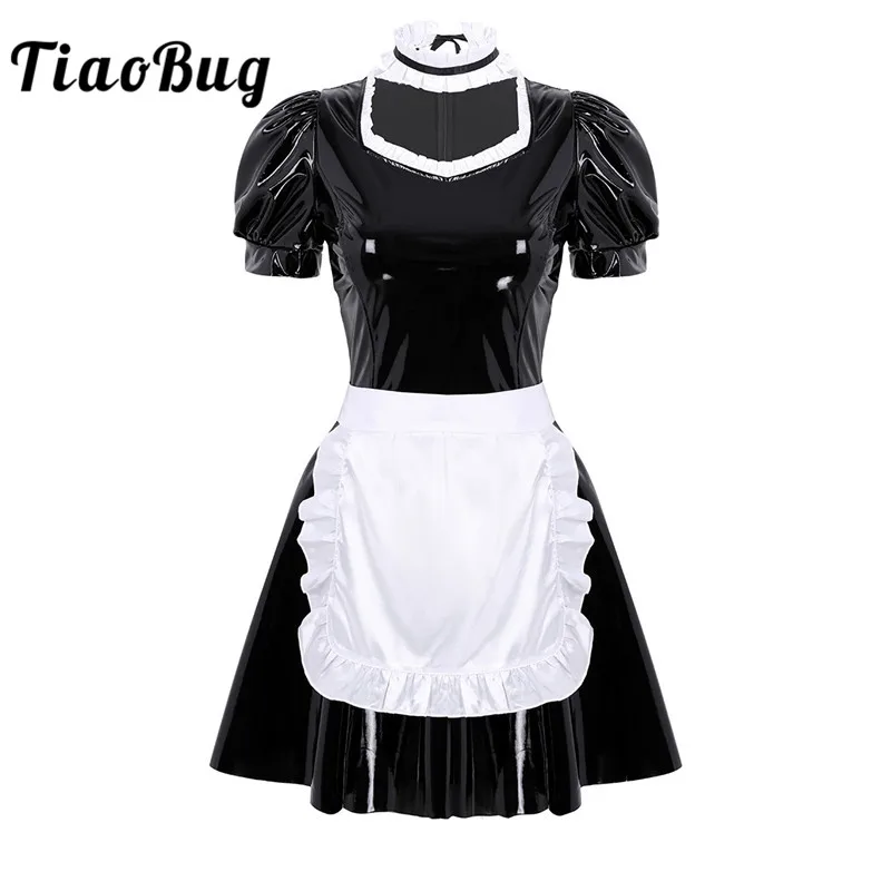 

TiaoBug Adults Puff Sleeve Black Patent Leather Dress with Apron Headband Set Club Party French Maid Cosplay Women Sexy Costumes