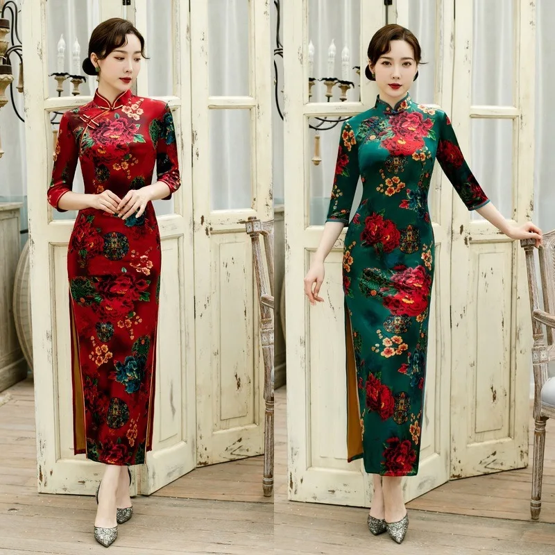 Осенние новые китайские женские тонкие длинные Cheongsam винтажные бархатные вечерние платья Элегантное платье с цветочным принтом Qipao оверсайз 3XL 4XL