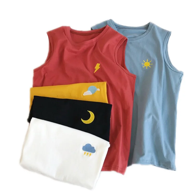 Women Tank Tops Summer Clothing Fashion Casual Loose Cotton Embroidered Moon Sleeveless Vest