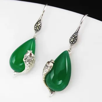 

FNJ 925 Silver Fish Earrings for Women Jewelry 100% Original Pure S925 Silver Sterling Drop Earring Green Agate Red Zircon