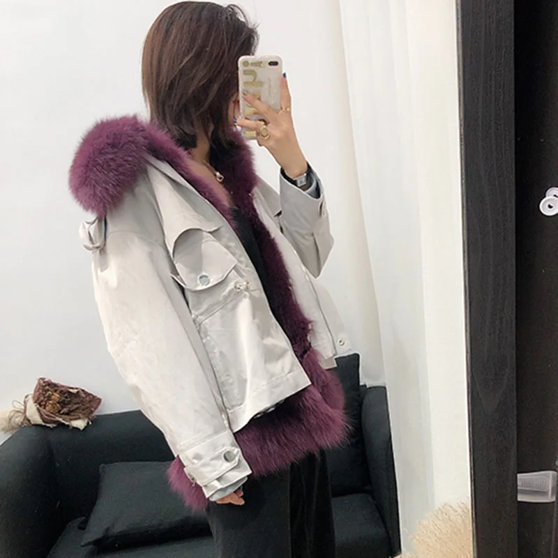 Purple Женская парка с подкладкой из натурального меха размера плюс, женские свободные зимние теплые куртки из натурального меха, женские модные толстые пальто из лисьего меха - Цвет: Purple