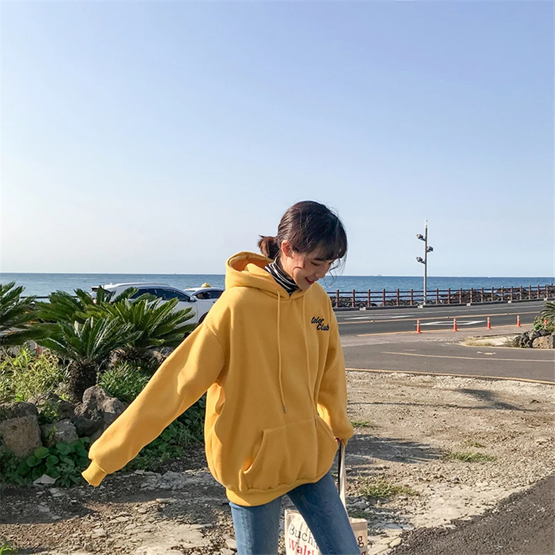 BGTEEVER Casual Letter Embroidery Women Sweatshirt Loose Pocket Female Hoodies Thicken Pullovers Sweatshirt Femme Tracksuit