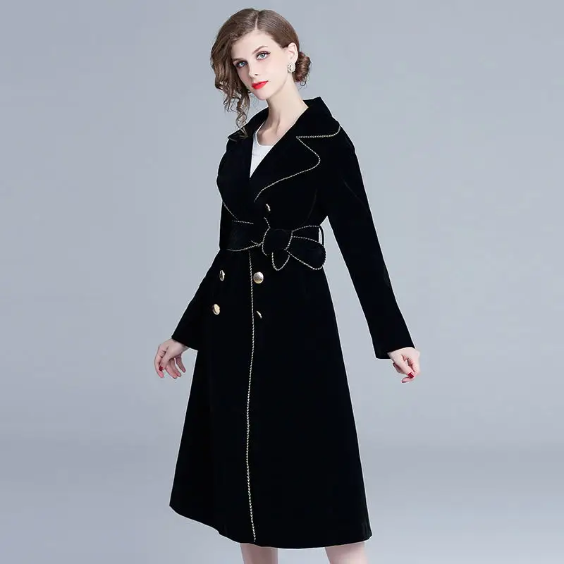 Новое зимнее женское пальто в английском стиле, черное бархатное пальто, плотное теплое длинное пальто, элегантное винтажное женское платье, пальто для женщин, Vestido