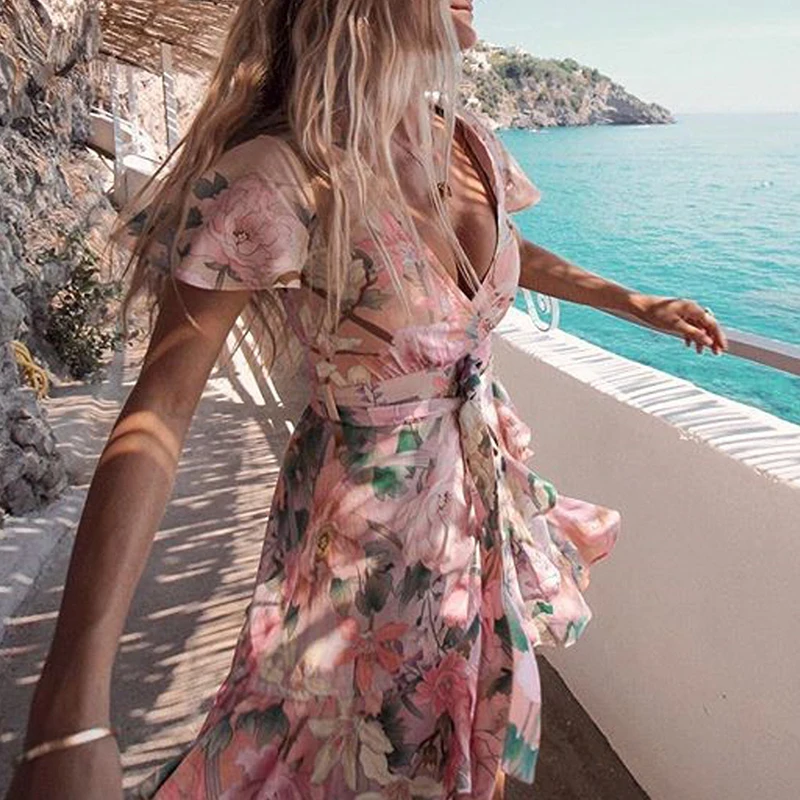Lessverge элегантное женское платье с цветочным принтом в стиле бохо, летнее платье с v-образным вырезом и оборками, хлопковое короткое пляжное платье, женский сарафан для отдыха