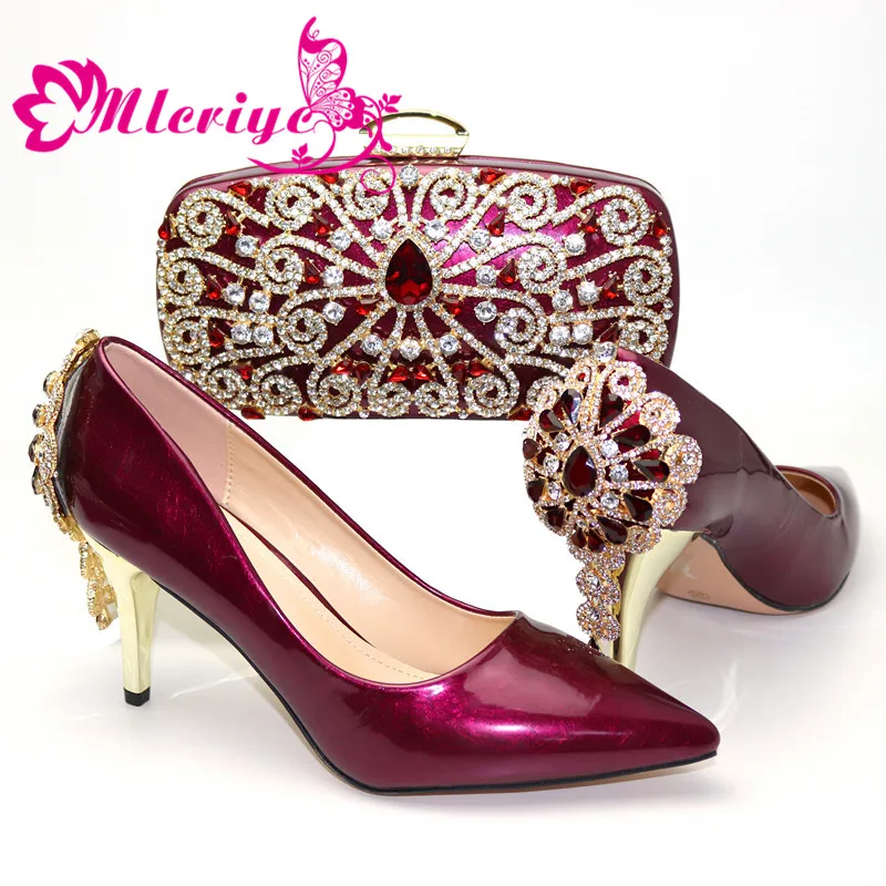 

New Arrivals Wine Color Italian Matching Shoes and Bag Set with Shinning Crystal Comfortable Heels for Wedding Italian Style