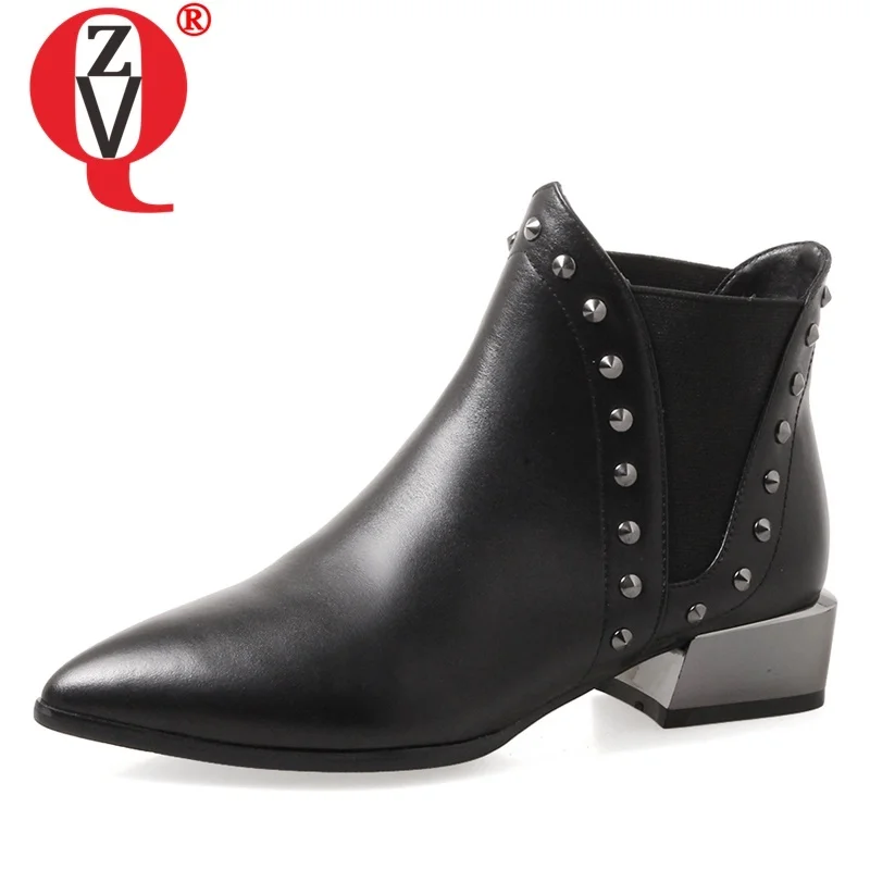 

ZVQ ankle boots 2019 winter new fashion rivet slip-on handmade genuine leather pointed toe women shoes drop shipping size 34-39