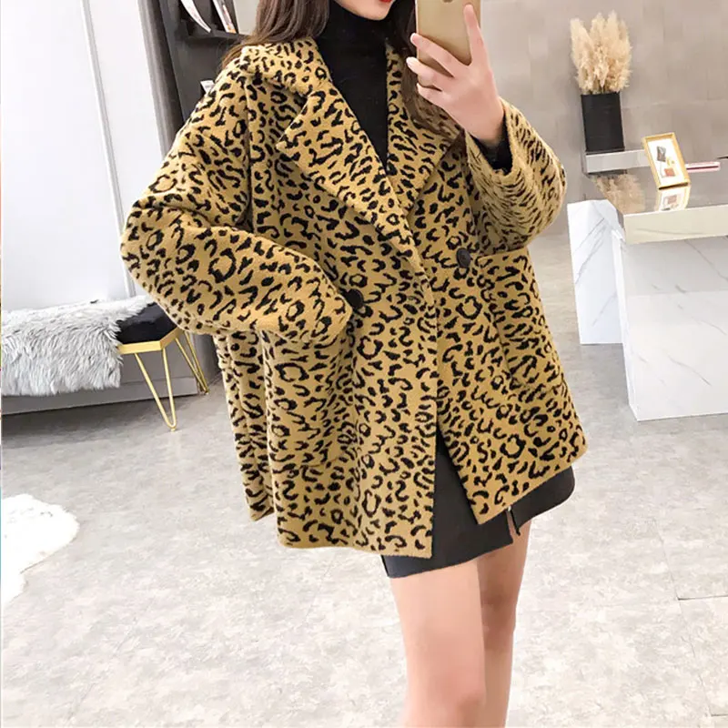 DISIAMAN plus size leopard coat faux fur jacket winter clothes women double-breasted knit chunky ladies sweaters long cardigan
