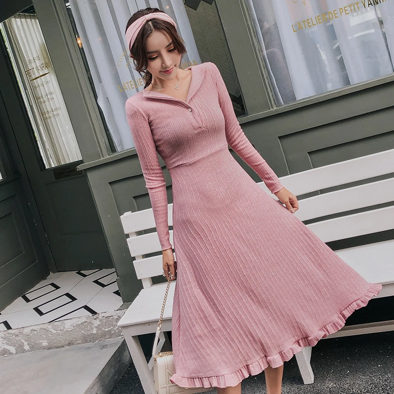 Корейское осеннее вязаное платье женские свитера женское платье-свитер с