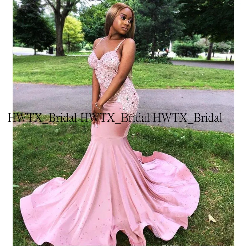 HWTX_Bridal розовое длинное платье для выпускного вечера на тонких бретелях Кристаллы V-образным вырезом Аппликации русалки, сексуальным вырезом на спине в африканском стиле, для девочек вечернее платье для девочек