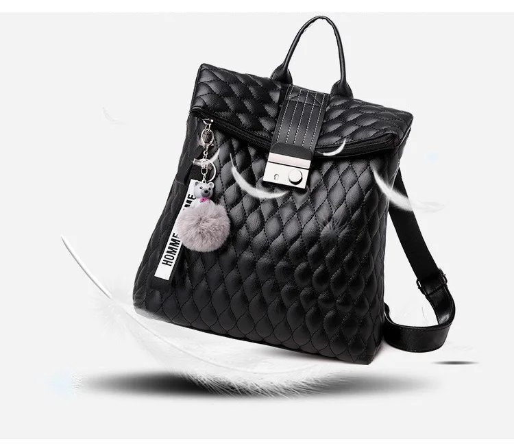 2019 Brand Designer Women's Quilted Leather Backpack Purse Ladies Fashion Leisure Rucksacks Anti Theft Backpacks with Lock Black (5)