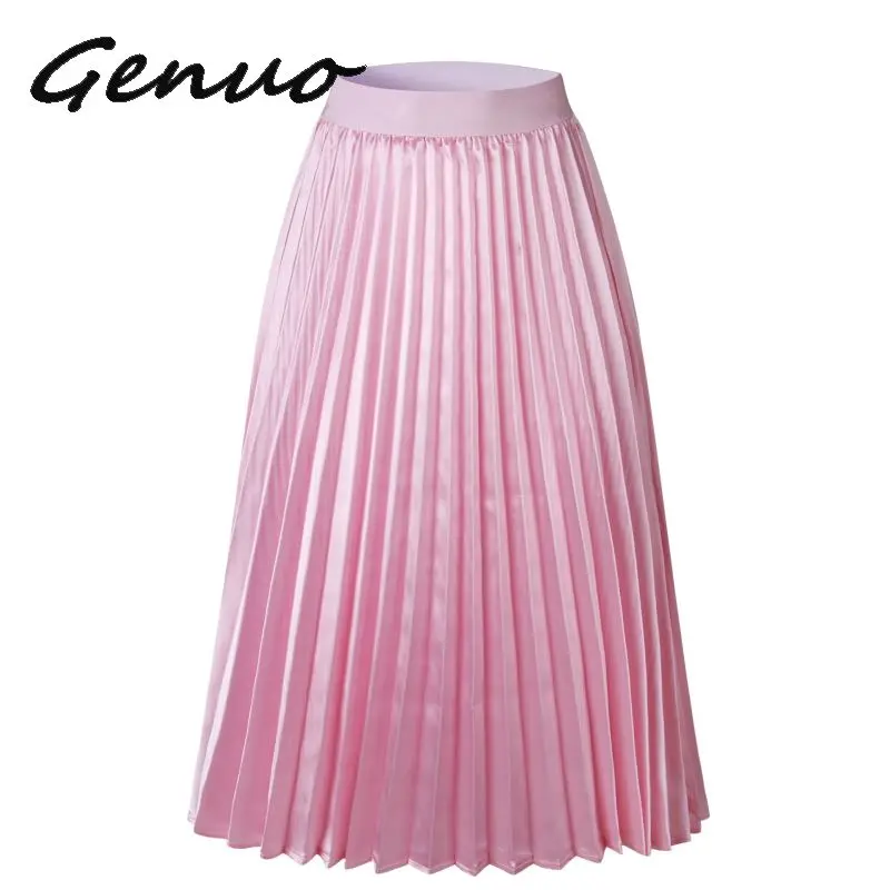 Genuo, новинка, шикарная плиссированная шелковая сатиновая юбка металлик, высокая талия, женская летняя юбка миди, элегантная, розовая, серебряная, Saia Femme