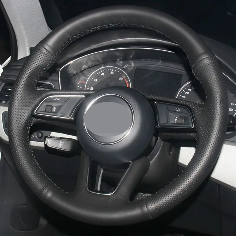 Сшитый вручную черный мягкий искусственный кожаный автомобильный чехол на руль для Audi A4(B9) Avant A5(F5) Q2 A1(8X) Sportback A3(8 V