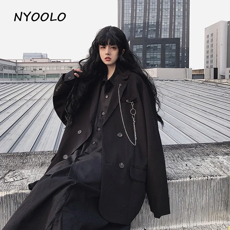 NYOOLO High street с карманами цепочкой отложным воротником черный блейзер Повседневный