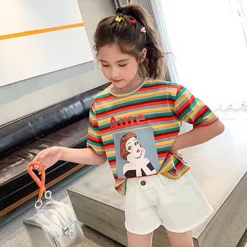 

Baby Girls Summer T-shirt + Shorts Stripe Character Printing Toddler Girls Clothing Set Children Clothes