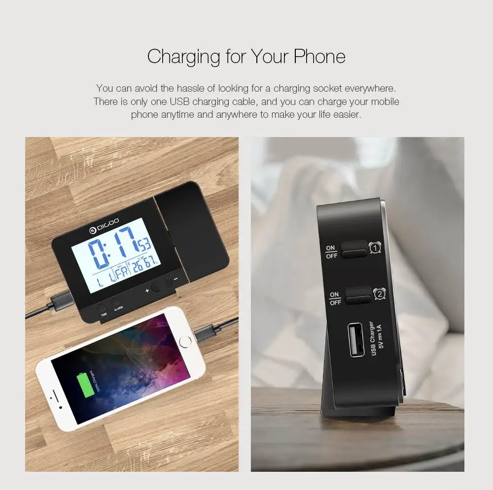 Digoo DG-C10 подсветка проекционные часы lcd Беспроводная перезаряжаемая USB дисплей температуры влажности настольные часы для телефона динамик