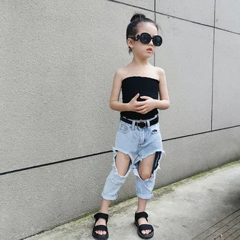

2020 children's ripped jeans soft denim light blue summer jeans Europe and America beggar pants