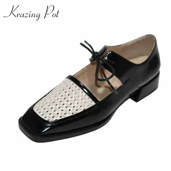 

Krazing pot design chic mixed colors cow leather lace up shoes round toe med heels women leisure fashion breathable pumps L0f1