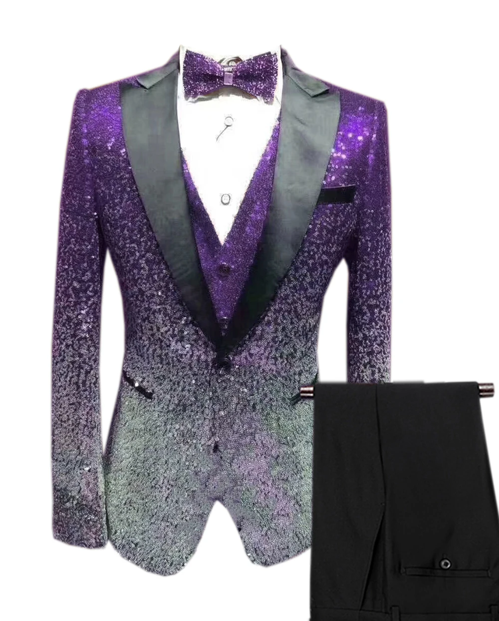 Purple-Silver Мужской костюм из 3 предметов с блестками, смокинг с отворотом, блейзер для свадьбы, жениха, Бургундия, золото, серебро, Королевский(Блейзер+ жилет+ брюки - Цвет: Purple-Silver