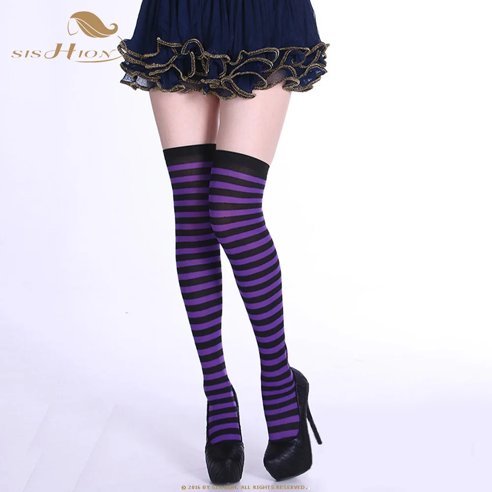 Purple-black SISHION/Полосатые чулки костюмы для рождественской вечеринки на Хэллоуин, длинные чулки SP0387, цветные гольфы до колена - Цвет: Purple-black
