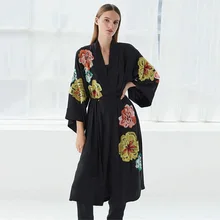 

Black Floral Embroidery Bikini Cover Up Tunics Pareo Plus Size with Belt Rayon Kimono 2022 Women Swimsuit Cover-ups Beach Wear