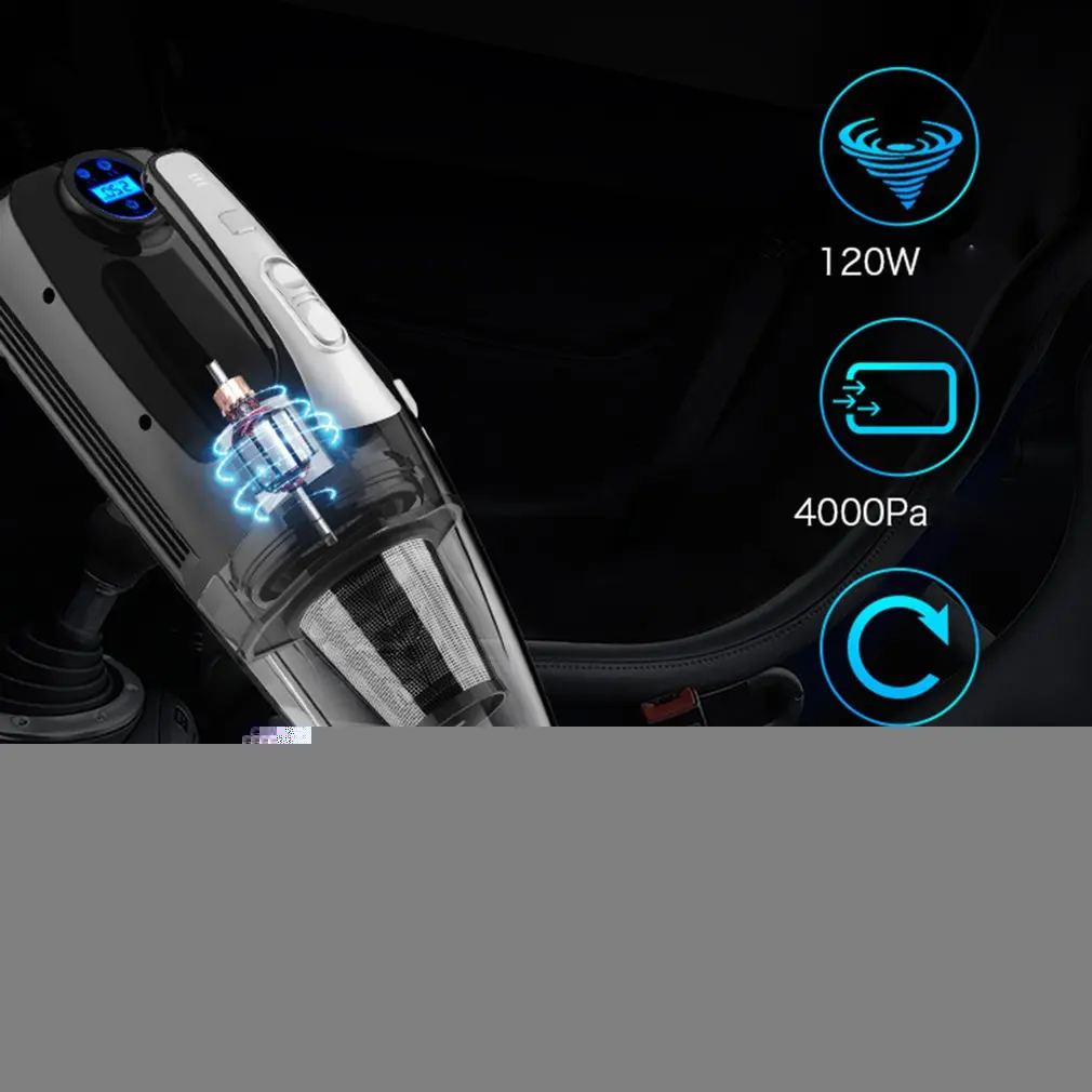 4000PA Strong Suction Power Car Vacuum Cleaner Filter Air Compressor Pump Tire Inflator Tire Pressure Measurement