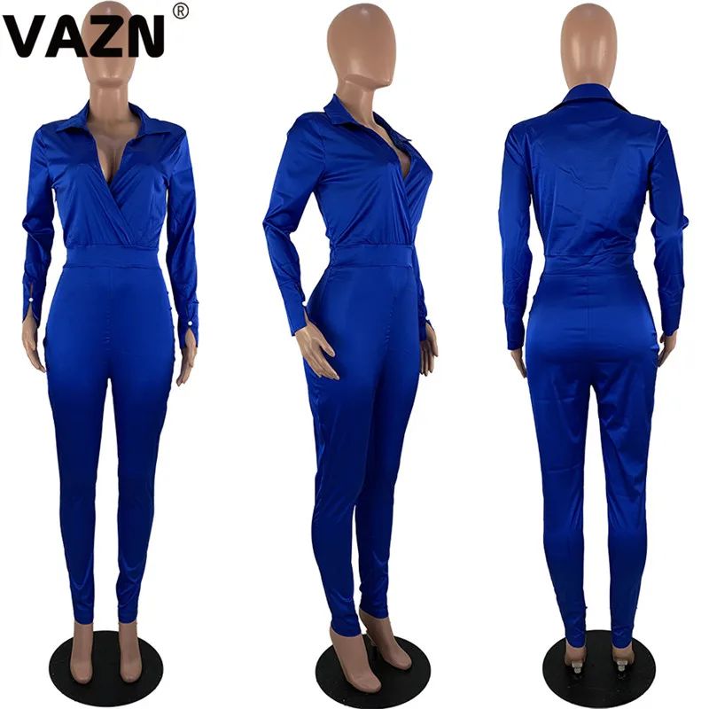 VAZN MOY5136 Bright Rose Red Solid Bodycon Long Pants Sexy Women Jumpsuits Tide V- Neck Long Sleeve Tracksuits Long Romper