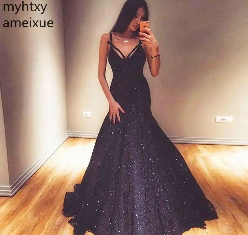 

2019 Sexy Sequined Navy Blue Evening Dresses A Line Formal Women Party Gowns Plus Size Custom Made Hi Low Dress Robe De Soiree