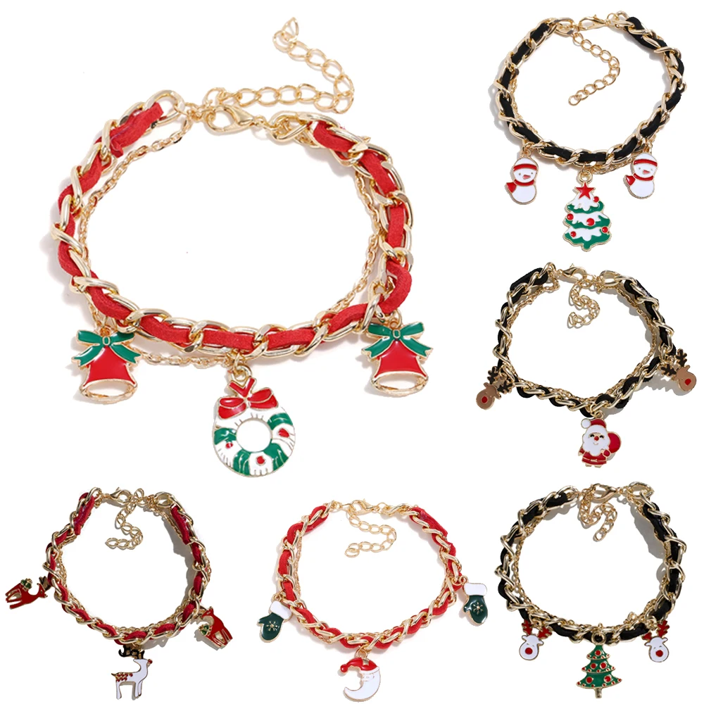 

6 Mix Design Gold Color Chains Christmas Bell Charm Pendant Arm Cuff Bracelets Bangles Set Boho Handmade Santas Layers Bracelets
