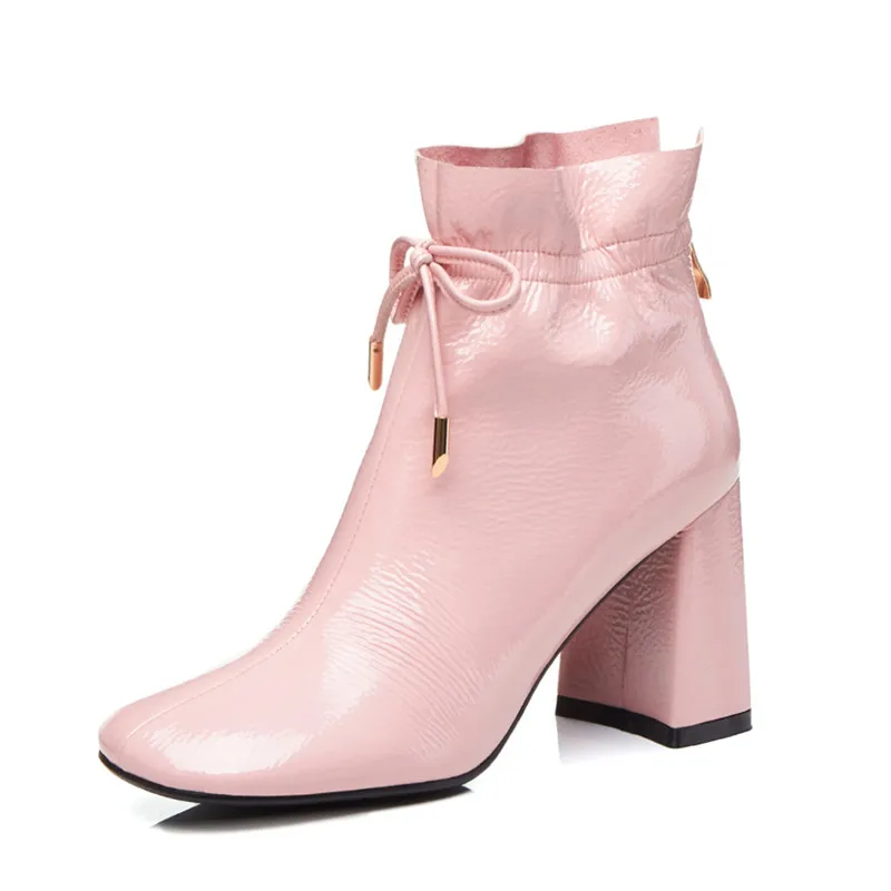 pink with fur ASUMER/размеры 34-40; модные ботинки из натуральной кожи; женские ботильоны с квадратным носком; обувь на высоком каблуке на молнии; женские ботинки Осень-зима - Цвет: pink with fur