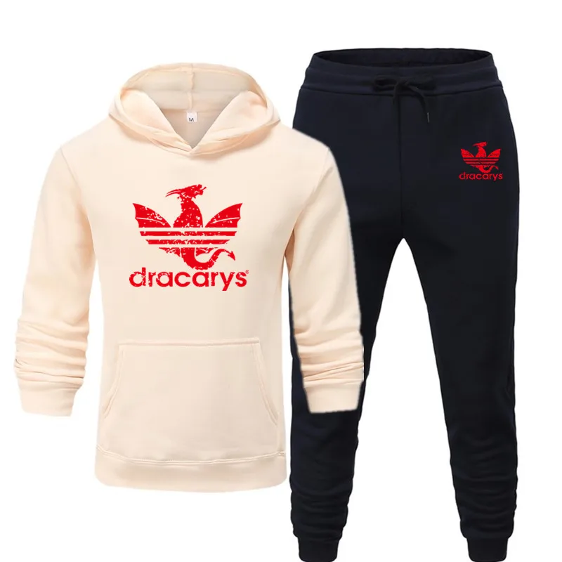 khaki navy blue Мужские брюки спортивная одежда набор Dracarys осень зима с капюшоном толстые повседневные пробежки мужские 2 шт толстовка+ спортивные брюки набор с капюшоном - Цвет: khaki navy blue