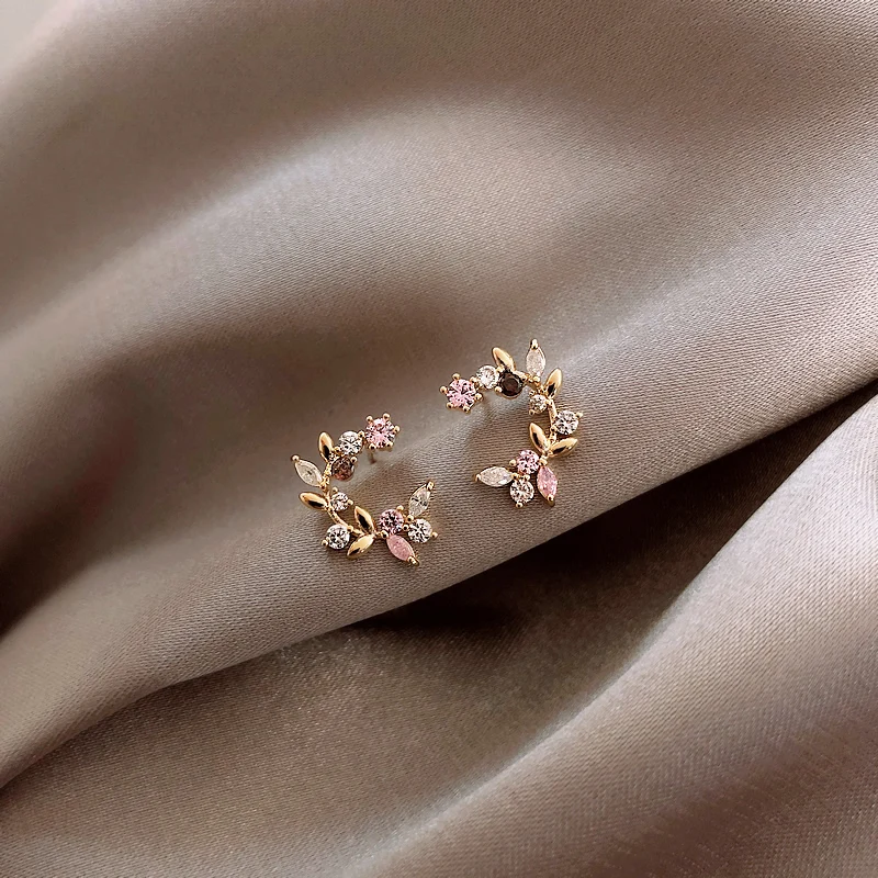 Korean New Design Fashion Jewelry Exquisite Copper Inlay Color Zircon Flower Leaf Garland Women Earrings