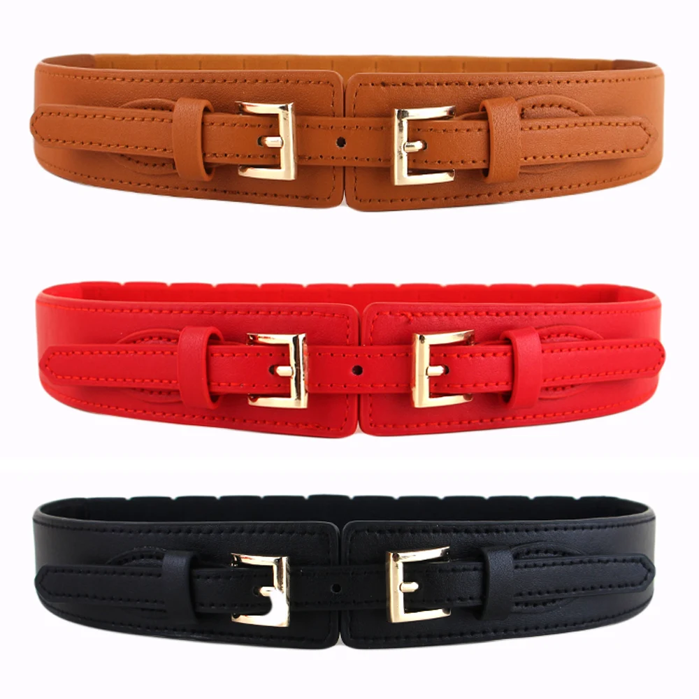 

Lady Women Double Buckle Stretch Belt Faux Leather Dress Waist Band Belt LLBLT0503